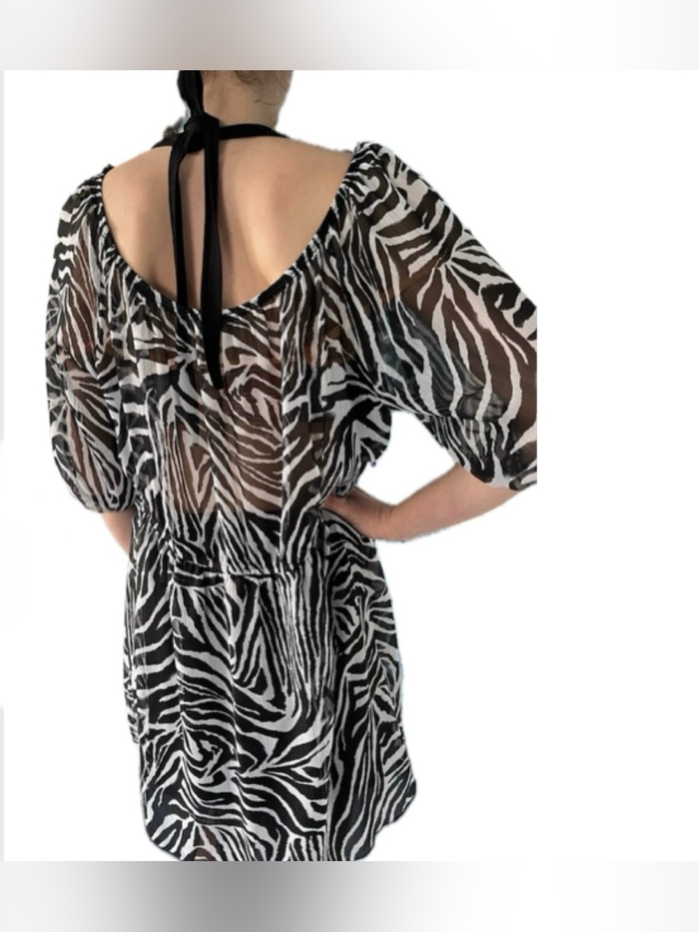 Sheer Zebra Print Tunic w/ Built-In Black Halter Top– Flattering Fit M to XL